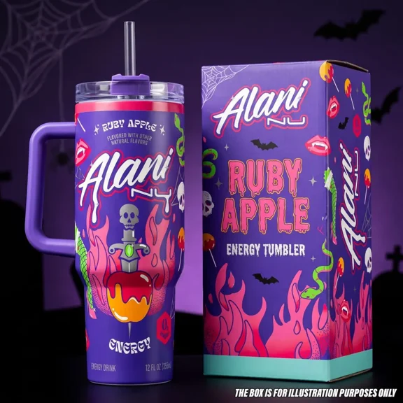 Alani Nu Ruby Apple, Limited Edition Halloween Energy Drink Collector, Spooky Poison Apple, Beverage, 40oz Tumbler With Handle, Stainless Steel Insulated Travel Cup for Hot and Cold Drinks