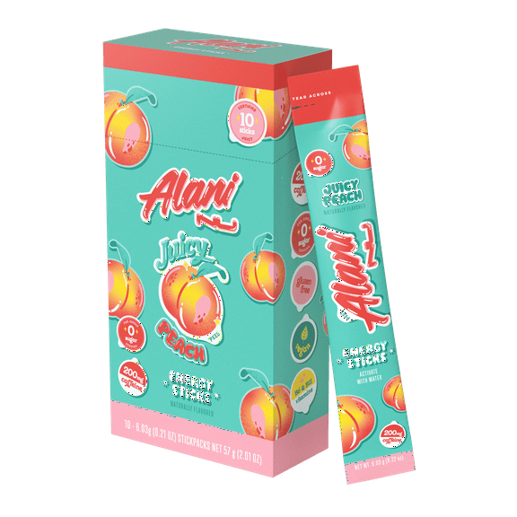 Alani Nu Energy Sticks, Juicy Peach, 10 Count, 200mg Caffeine, Zero Sugar