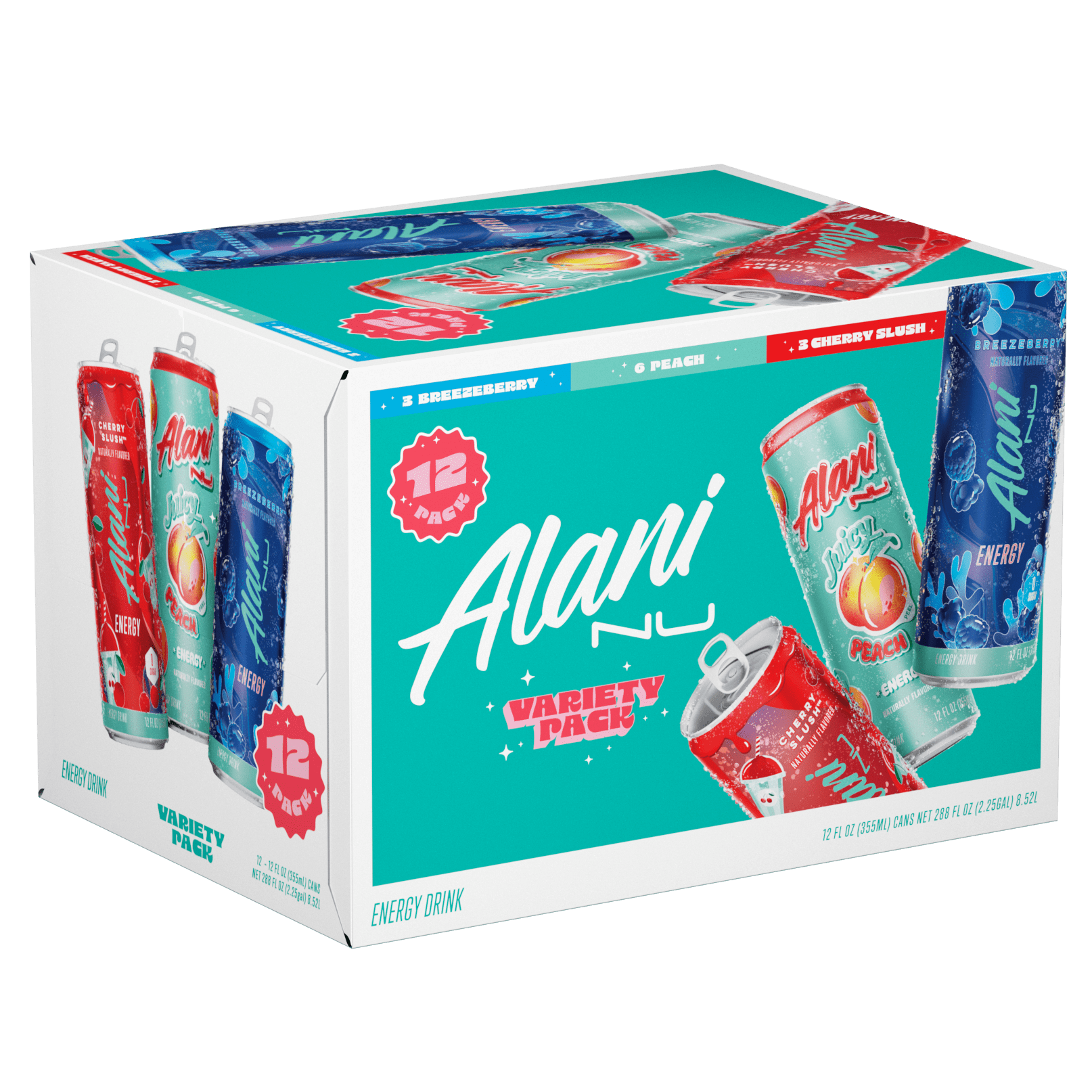 Alani Nu Sugar-Free Energy Drink, 12 Pack Variety of 12 fl oz Cans, Juicy Peach, Cherry Slush, Breezeberry (Pack of 12)