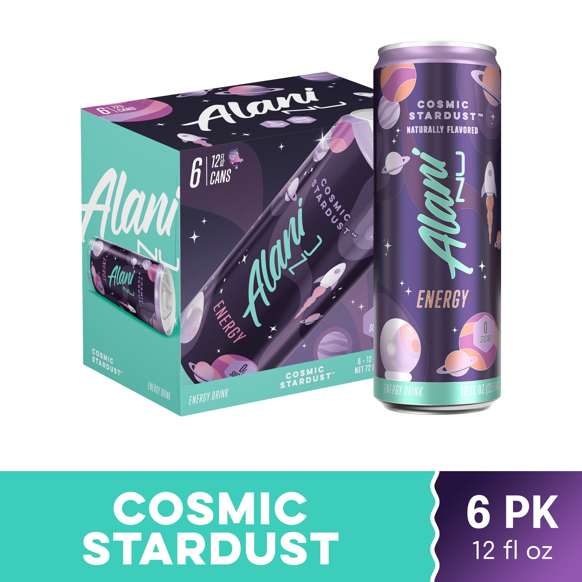 Alani Nu Sugar Free Energy Drink, Cosmic Stardust, 12 fl oz, 6 Pack, Cans, 200mg Caffeine