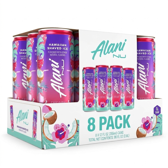Alani Nu Sugar Free Energy Drink, Hawaiian Shaved Ice, 12 fl oz, 8 Pack, Cans, 200mg Caffeine