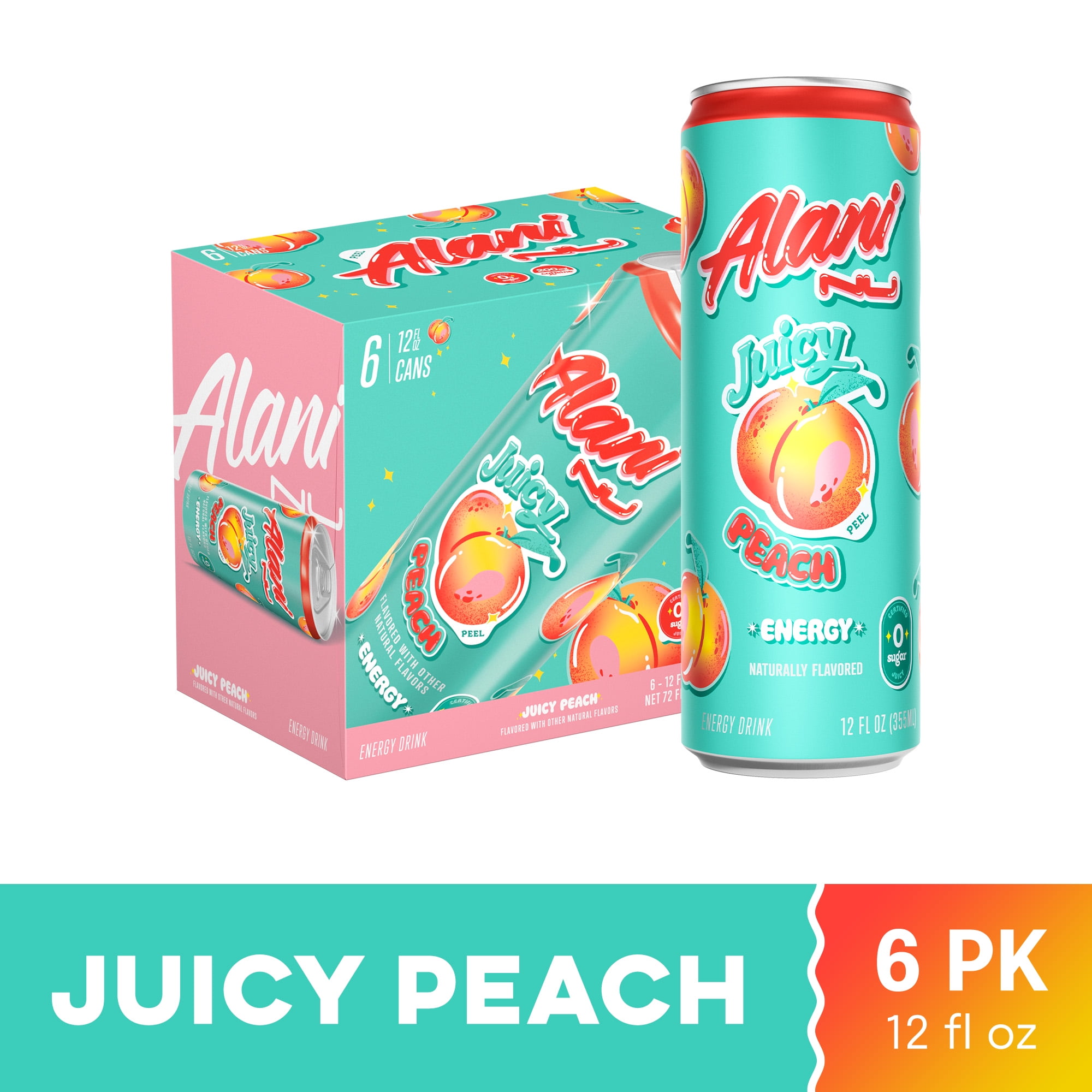 Alani Nu Sugar Free Energy Drink, Juicy Peach, 12 fl oz, 6 Pack, Cans, 200mg Caffeine
