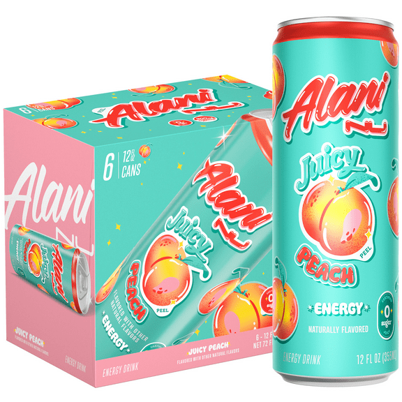 Alani Nu Sugar Free Energy Drink, Juicy Peach, 12 fl oz, 6 Pack, Cans, 200mg Caffeine
