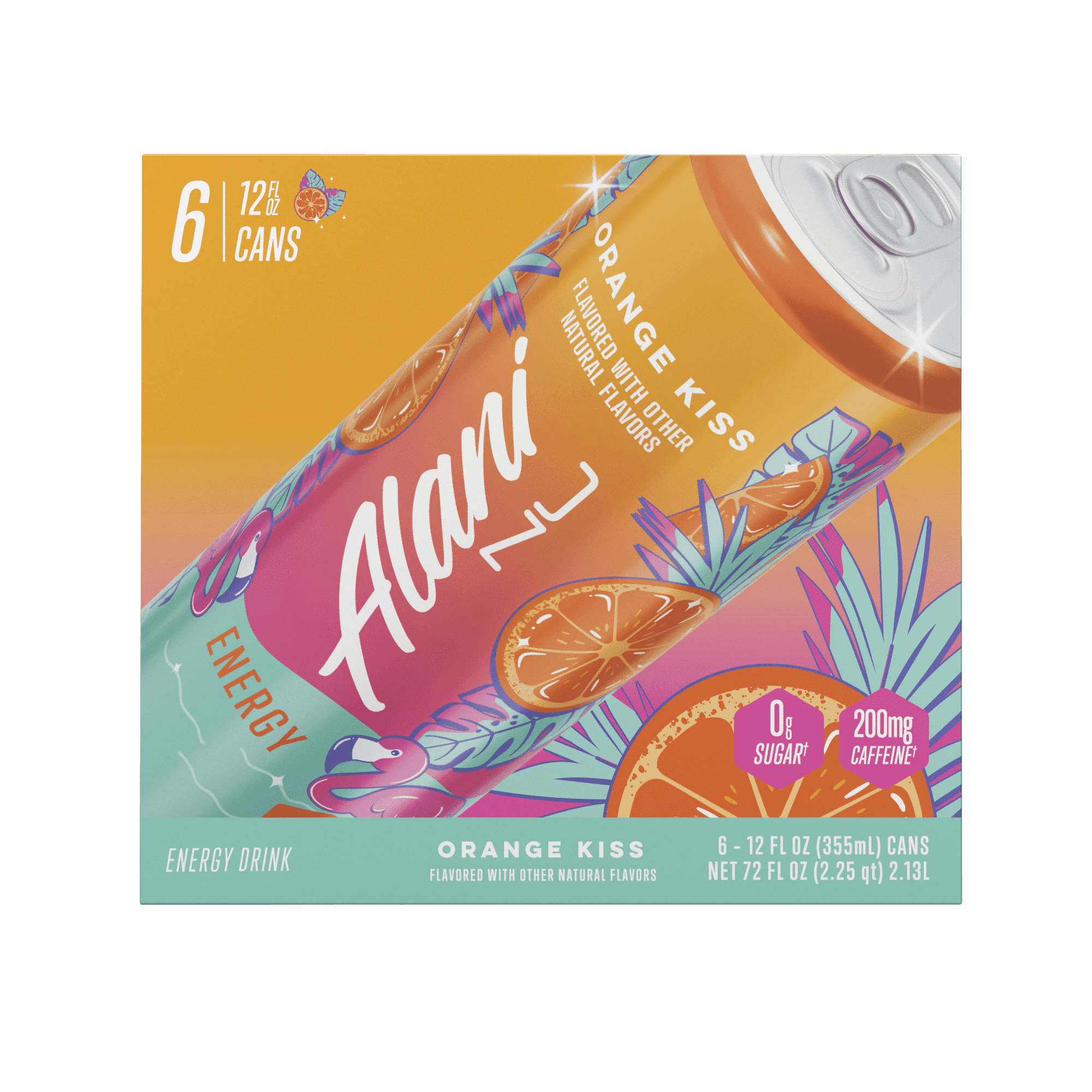 Alani Nu Sugar Free Energy Drink, Orange Kiss, 12 fl oz, 6 Pack, Cans, 200mg Caffeine - pack of 2
