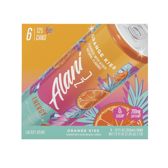 Alani Nu Sugar Free Energy Drink, Orange Kiss, 12 fl oz, 6 Pack, Cans, 200mg Caffeine - pack of 2