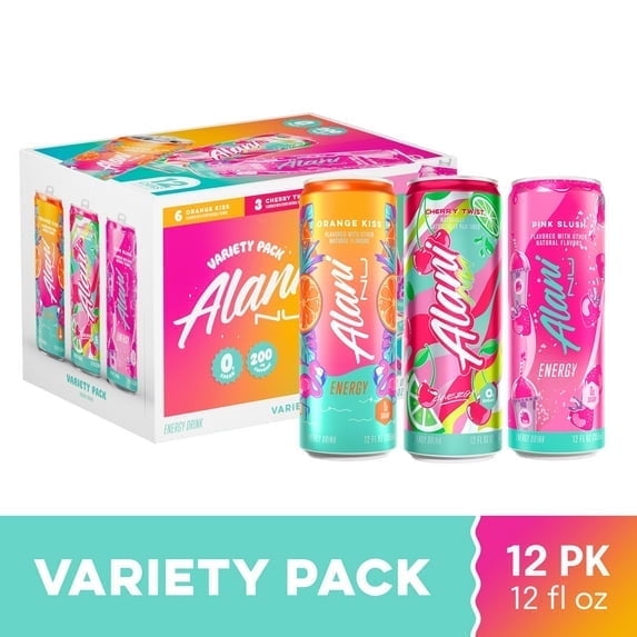 Alani Nu Sugar Free Energy Drink, Variety Pack, Pink Slush, Orange Kiss, Cherry Twist, 12 fl oz, 12 Pack, Cans, 200mg Caffeine ( 2 Box )