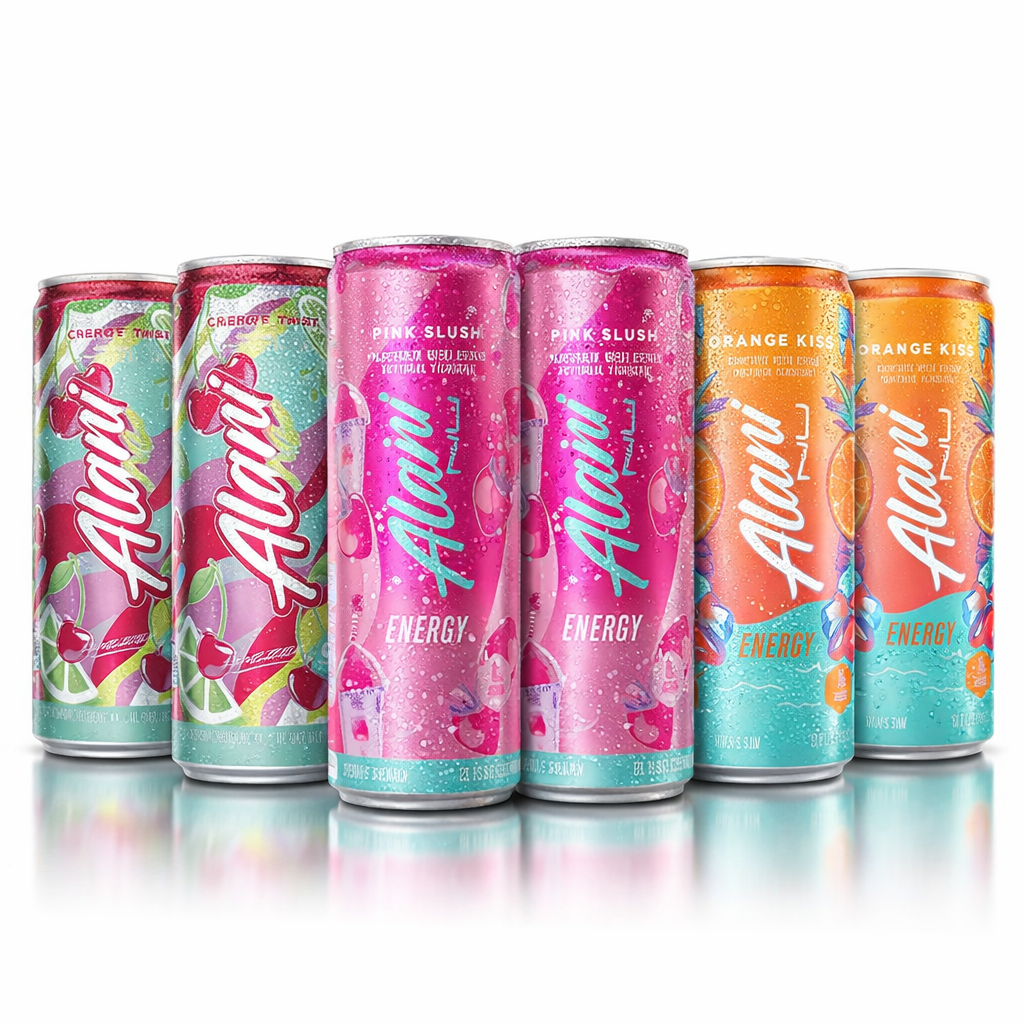 Alani Nu Sugar Free Energy Drinks Variety Pack, Pink Slush, orange kiss, cherry twist, Low - Calorie, Energy Boost Drinks 12 oz (Pack Of 6)