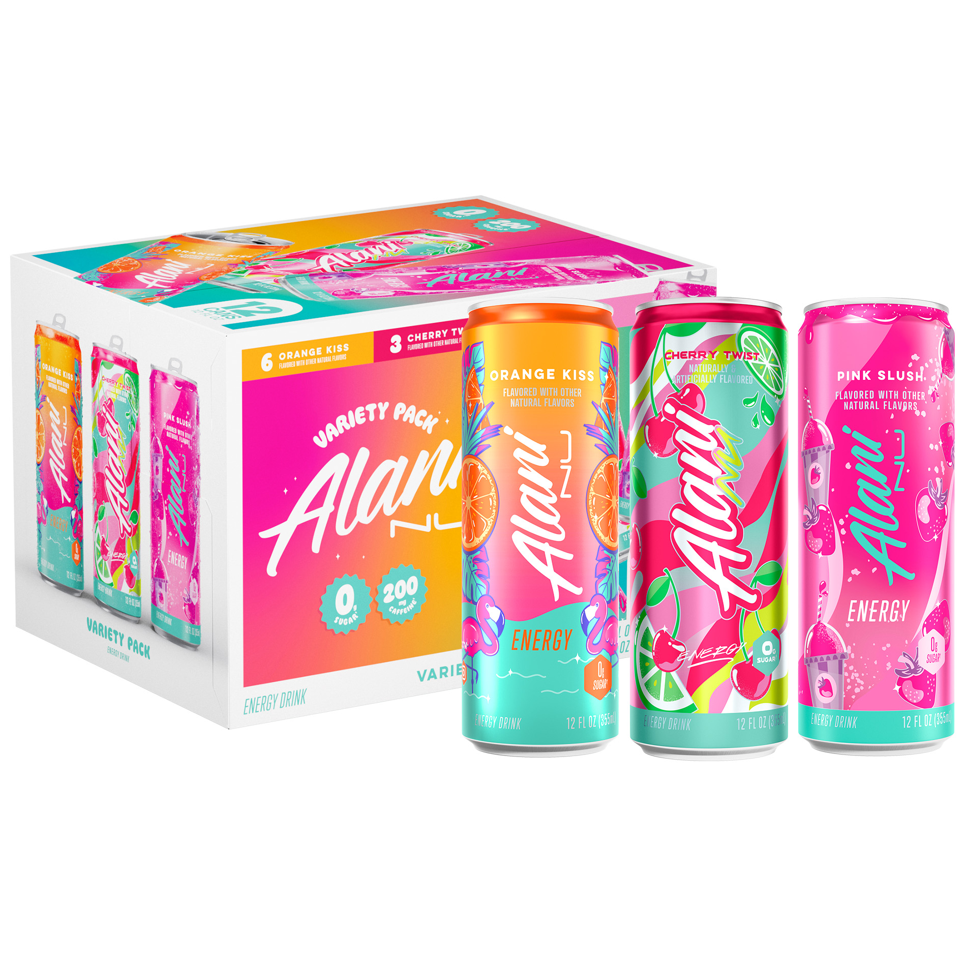 Alani Nu Sugar Free Energy Drink, Variety Pack, Pink Slush, Orange Kiss, Cherry Twist, 12 fl oz, 12 Pack, Cans, 200mg Caffeine