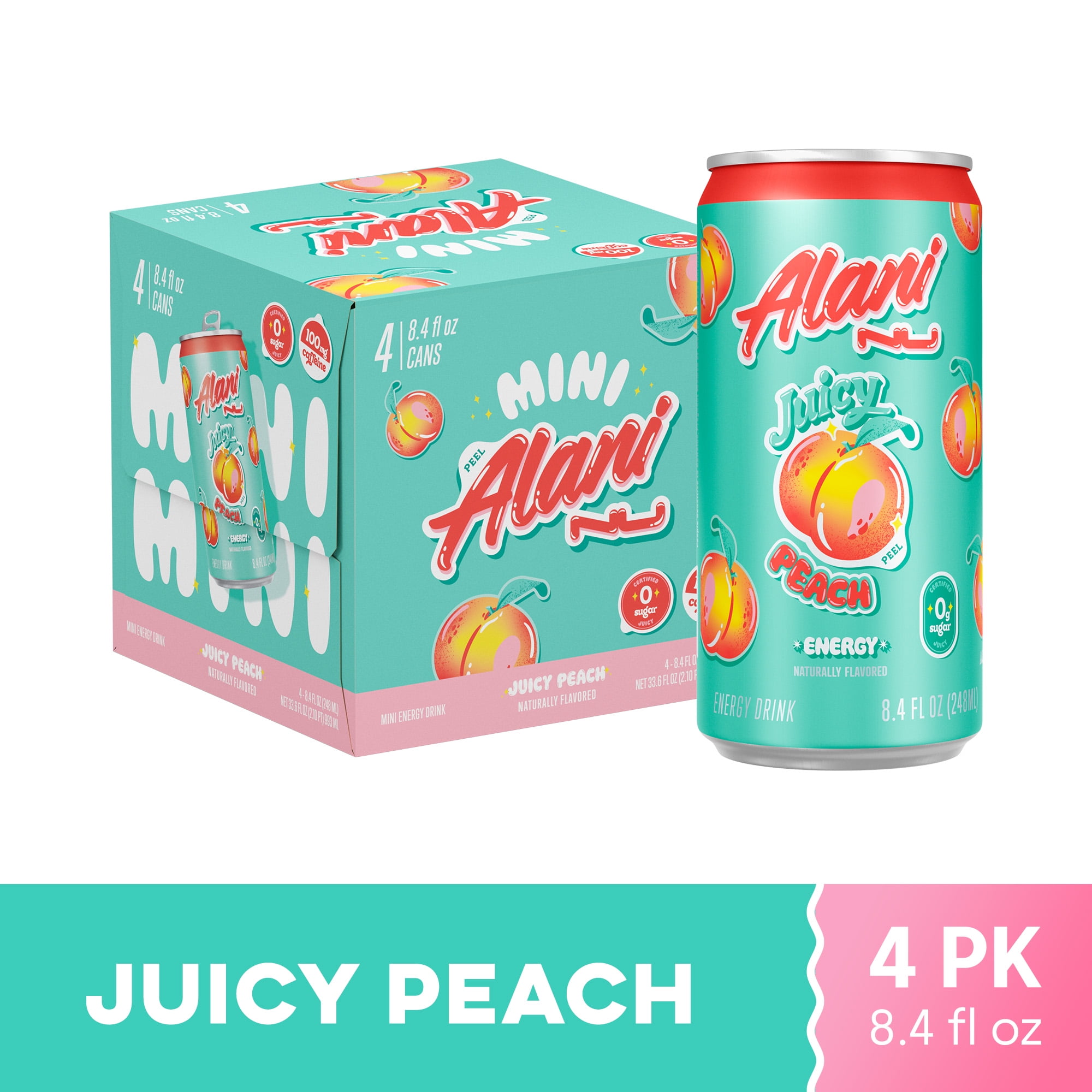 Alani Nu Sugar Free Energy Drink Mini, Juicy Peach, 8.4 fl oz, 4 Pack, Cans, 100mg Caffeine