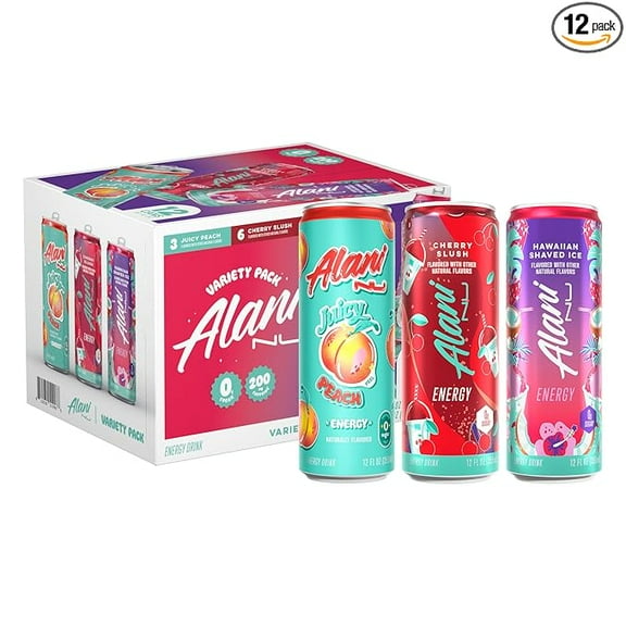 Alani Nu VARIETY PACK CHERRY SLUSH, JUICY PEACH, HAWAIIAN SHAVED ICE Sugar Free, Low Calorie Energy Drinks, 200mg Caffeine, Biotin B Vitamins, Zero Sugar, 10 Calories, 12 Fl Oz Cans, 12 Pack