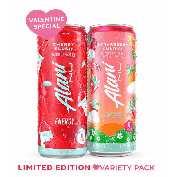 Alani Nu Valentines Special Limited Addition Energy Drink Variety Pack, Cherry Slush & Strawberry Sunrise, Zero Sugar, 2 Cans (12 fl oz Each), Limited Edition