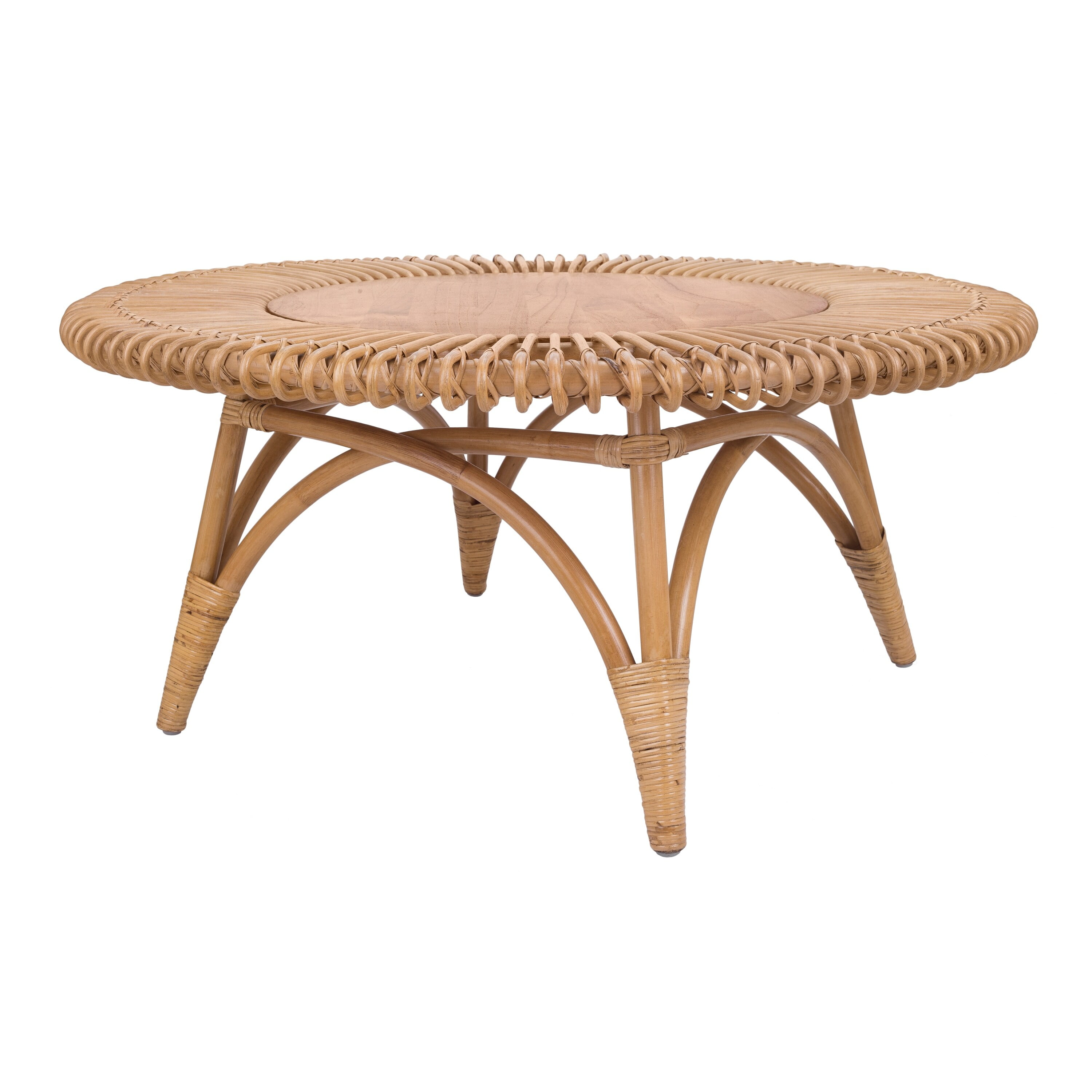 Alani Rattan Round Coffee Table & Side/ End Table w/ Wood Top Coffee