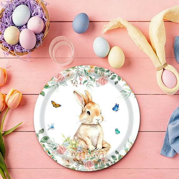 Alaparte Disposable Easter Party Supplies Set - 20-Pc Spring Floral & Bunny 7"Paper Plates for Holiday Dinner, Easy Cleanup