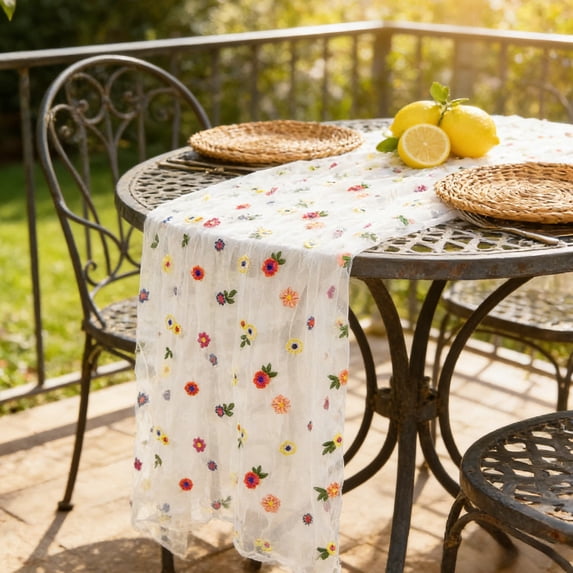Alaparte Floral Lace Table Runner 72" Embroidery Tulle Spring Wildflower Ivory White Table Runner Seasonal Summer Butterfly Kitchen Dining Gauze Decoration for Wedding Birthday Party