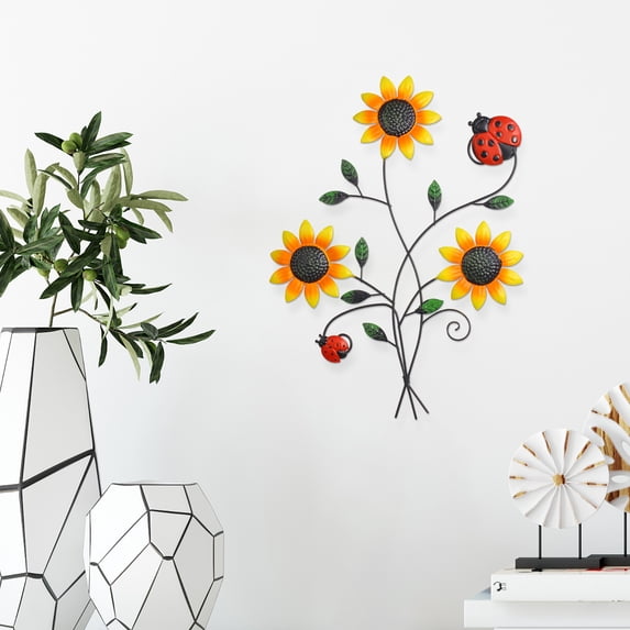 Alaparte Metal Sunflower Wall Decor with Ladybug Colorful Outdoor Wall Art Fence Decorations for Patio Metal Flowers Wall Hanging Ornament for Garden Porch Living Room Balcony Farmhouse