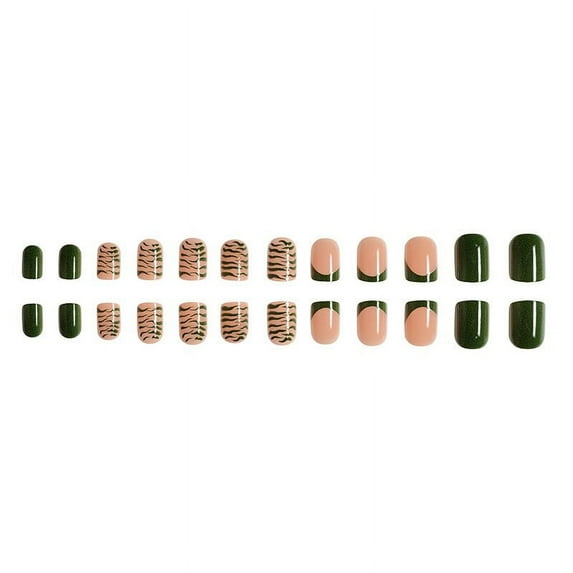 Alaparte Short Shiny Striped Dark Green French Press-On Nails | Simple, Elegant Design for Quick Manicures | For Stylish and Easy Nail Looks | 24pcs (Various Sizes)