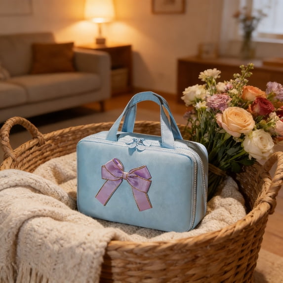 Alaparte Travel Makeup Bag Multi-Functional Large Capacity Partitioned Storage Bag Waterproof Portable Cosmetics Bow Washbag Blue