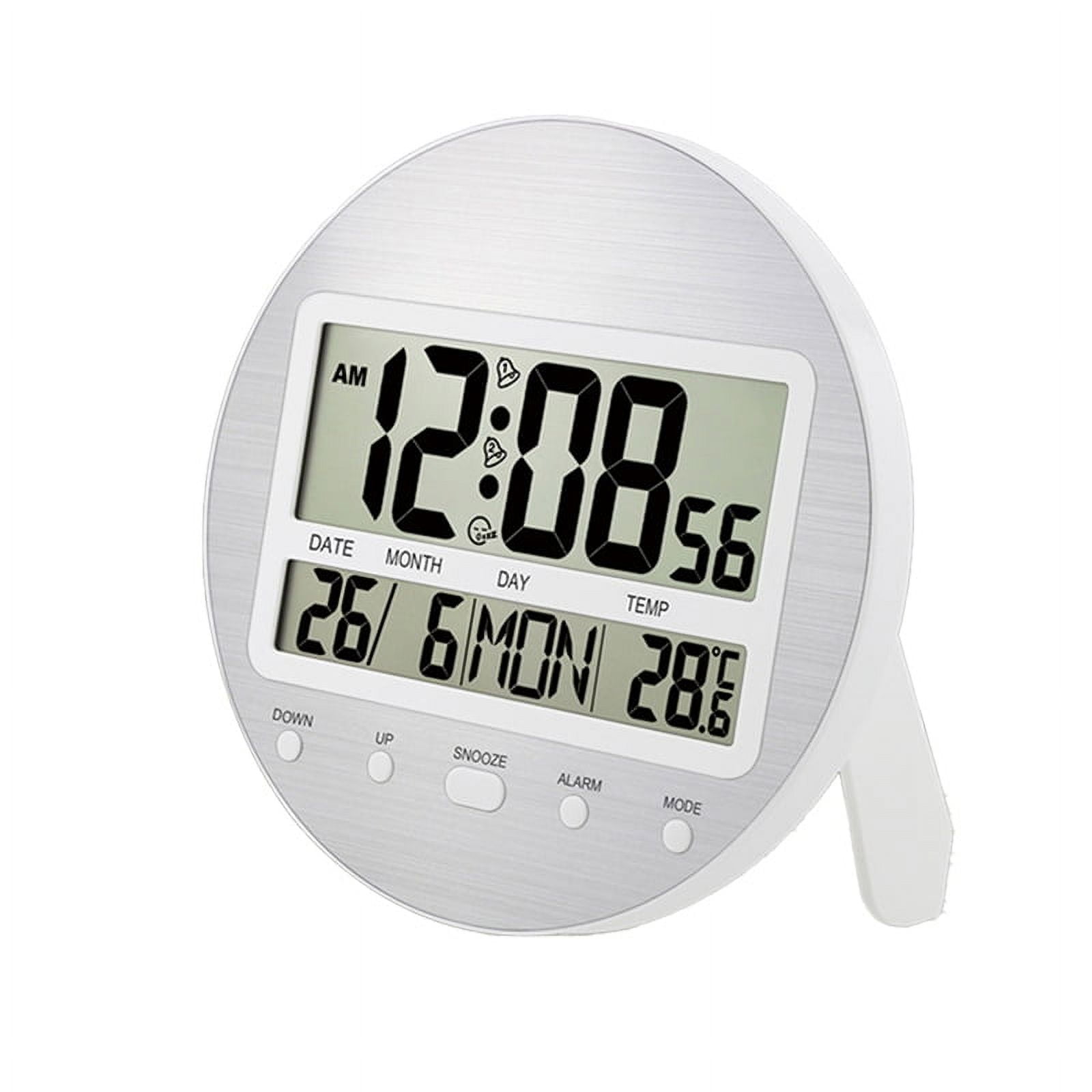 Alarm Clock 12/24 Hour Battery Operated Self-Setting Wall / Desk Mount Calendar Digital Clock for Bedroom Bedside White Plastic White