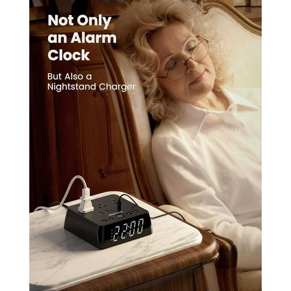 Alarm Clock with 4 USB Chargers Power Strip 3 Outlets 1700J Surge Protector Nightstand Dimmable Digital Clock with Dual Alarm and Snooze Function for Bedroom, Full Screen LED Display