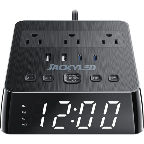 Alarm Clock with 4 USB Chargers Power Strip 3 Outlets 1700J Surge Protector Nightstand Dimmable Digital Clock with Dual Alarm and Snooze Function for Bedroom, Full Screen LED Display