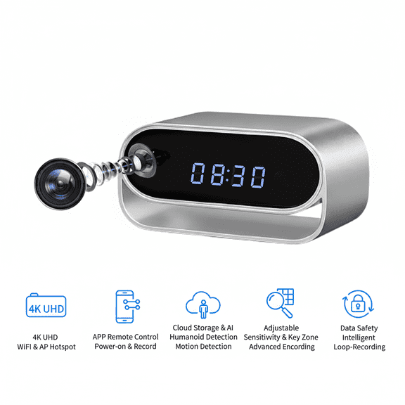Alarm Clock 4K UHD, WiFi6 & AP Hotspot, Remote Viewing, SD Card/Cloud Storage, 2600mAh Battery, Night Vision, Motion Detection, 2-in-1 Indoor Smart Device for Home Office Shop