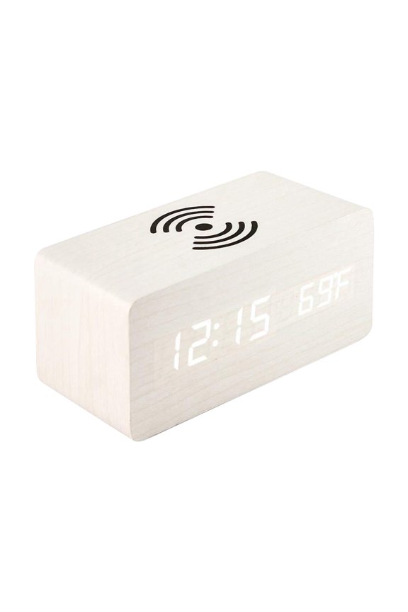Alarm Clock under $5! Xqxayjr Wooden Digital Alarm Clock, LED Electronic Clock with Wireless Charging, Bedside Desk Clock, Temperature Display Smart Charger Clock