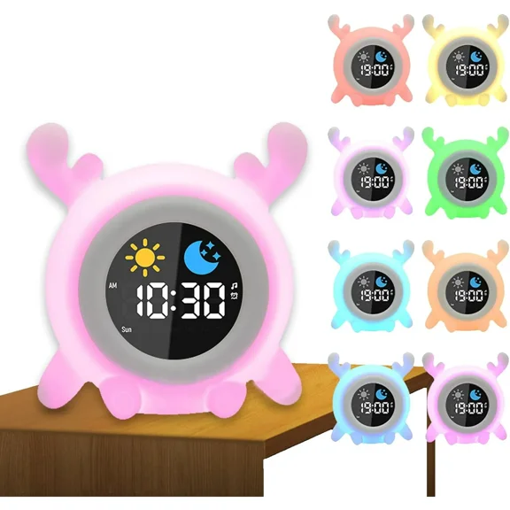 Alarm Clock, 8 Colors Adjustable Alarm Clock for Bedroom with 6 White Noises and 6 Ringtones, Cute Rechargeable Cartoon Sunrise Alarm Clock with LED Display for All Ages (A)