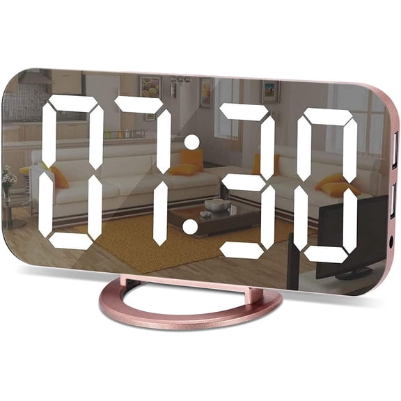 Alarm Clock for Bedroom,LED and Mirror Digital Clock Large Display,with Dual USB Charger Ports,Auto Dim,Snooze Mode,Modern Desk/Wall Electronic Clock for Girl Woman Mom Teens - Rose Gold