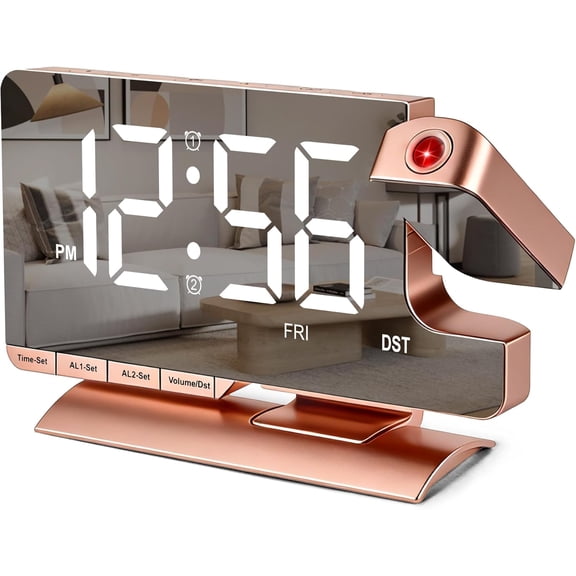 Alarm Clock Bedside with Projection Digital Clock,7.3" Mirror Clock with 180Rotating Projector,Dual Alarm with 3 Mode,Brightnee Adjust,DST,Snooze,Charging Port,5 Levels Volume for Desk Teens
