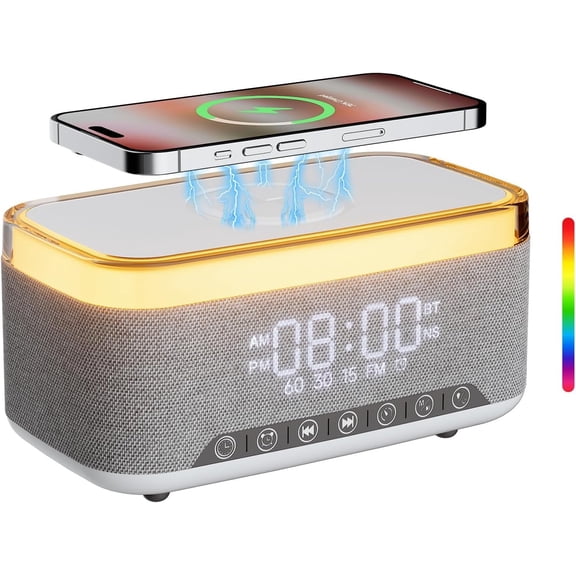 Bluetooth Speaker Alarm Clock with 10w Fast Wireless Charger for iPhone Samsung, 10W Stereo Bluetooth Speaker, 12-Color Night Light, White Noise Machine Digital Clock with FM Radio for Bedroom