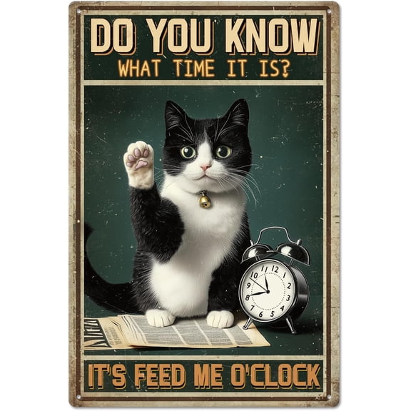 Alarm Clock Cat Metal Tin Sign 8x12in "It's Feed Me O'clock" Vintage Painting Tin Signs Wall Poster Plaque