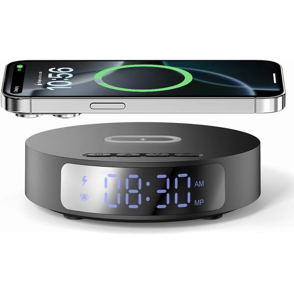 Alarm Clock Charging Station, 15W Fast Wireless Charger with Alarm Clock, LED Display, Wireless Charge Mat, Mini Desk Clock with Wireless Charging Station for Bedroom, Music Gifts for Women & Men