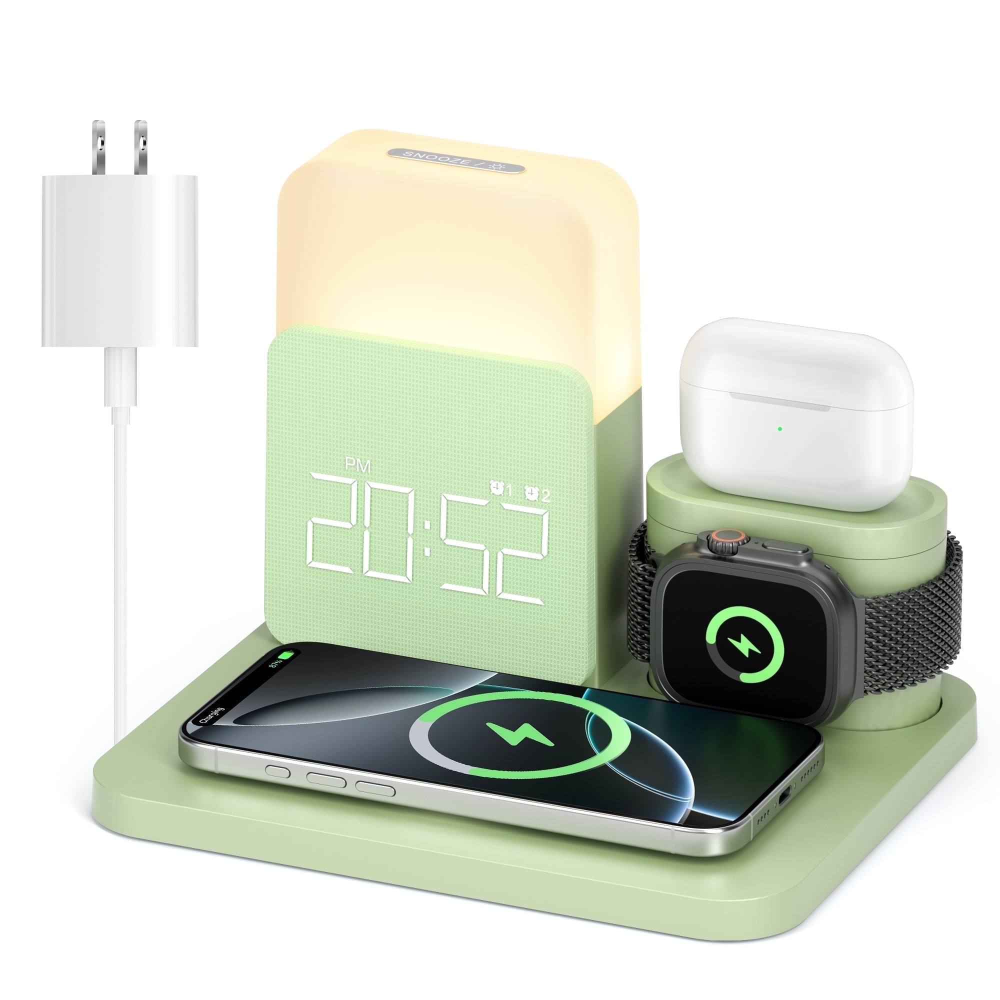 Wireless Charging Station 7 in 1 Compatible for iPhone 17/16/15/14/13/12 Pro Max, Apple Watch & AirPods with Alarm Clock, Night Light Green