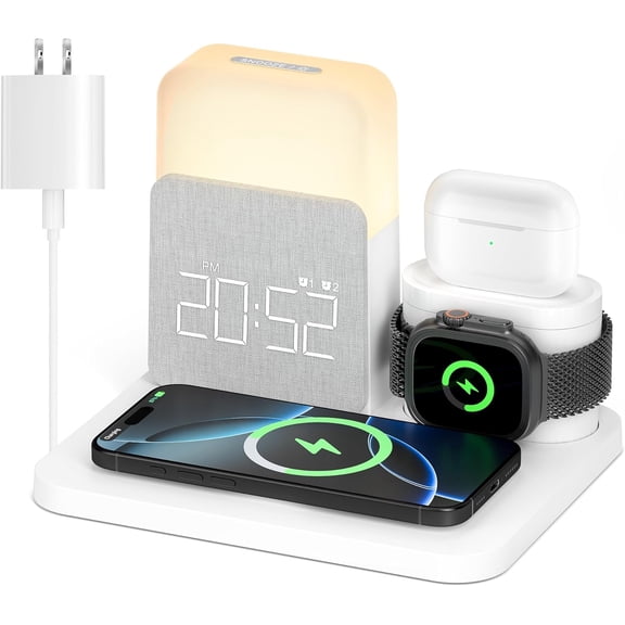 Alarm Clock Charging Station for Bedrooms, 7 in 1 Wireless Charging Station, Magnetic Charger with Night Light Bedside Clock for iPhone 17 16 15 14 13 12 Pro Max, Apple Watch, AirPods (Wood)