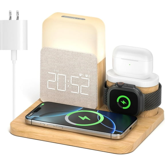 Alarm Clock Charging Station for Bedrooms, 7 in 1 Wireless Charging Station, Magnetic Charger with Night Light Bedside Clock for iPhone 17 16 15 14 13 12 Pro Max, Apple Watch, AirPods (Wood)
