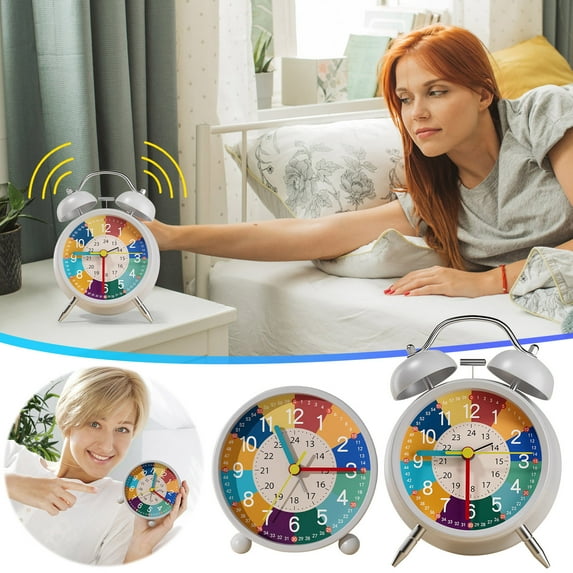 Alarm Clock Colorful Educational Alarm Clock for Kids Silent Analogue Clock with Night Light No Ticking Learning Clock(White,4Inch,1-Piece) Rkxzt