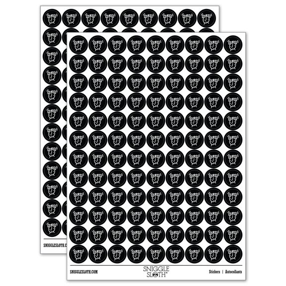 Alarm Clock Doodle 200+ Round Stickers - Black - Matte Finish - 0.50" Size