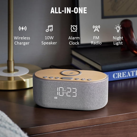 Alarm Clock FM Radio: 10W Stereo Sound Speaker - Fast Wireless Charging for - Dimmable Clock Radio for Bedroom