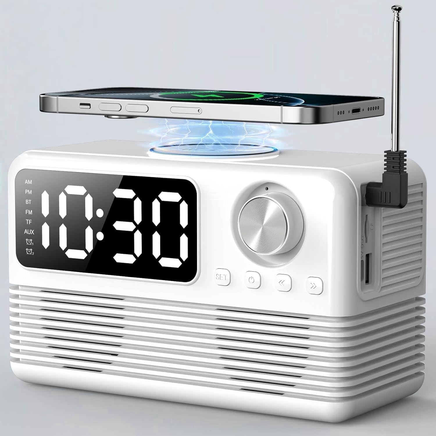 4 in1 Wireless Charging Station with Clock, FM Radio, Bluetooth Speaker, 15W Fast Wireless Charger for i Phone, Android Phones, Clock Radio for Bedroom Easy to Use for Seniors and Kids as Gift