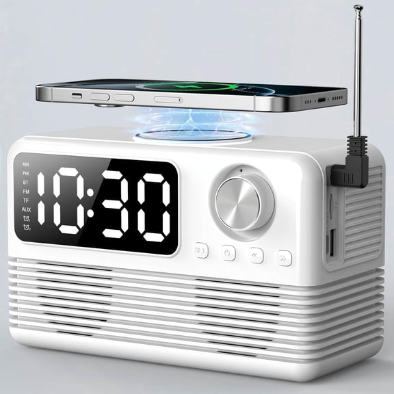 4 in1 Wireless Charging Station with Clock, FM Radio, Bluetooth Speaker, 15W Fast Wireless Charger for i Phone, Android Phones, Clock Radio for Bedroom Easy to Use for Seniors and Kids as Gift