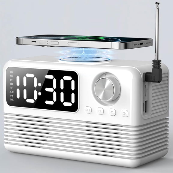 Alarm Clock FM Radio, Bluetooth Speaker with 15W Fast Wireless Charger, 4 in1 Wireless Charging Station for iPhone, Android Phones, Clock Radio for Bedroom Easy to Use for Seniors and Kids as Gift