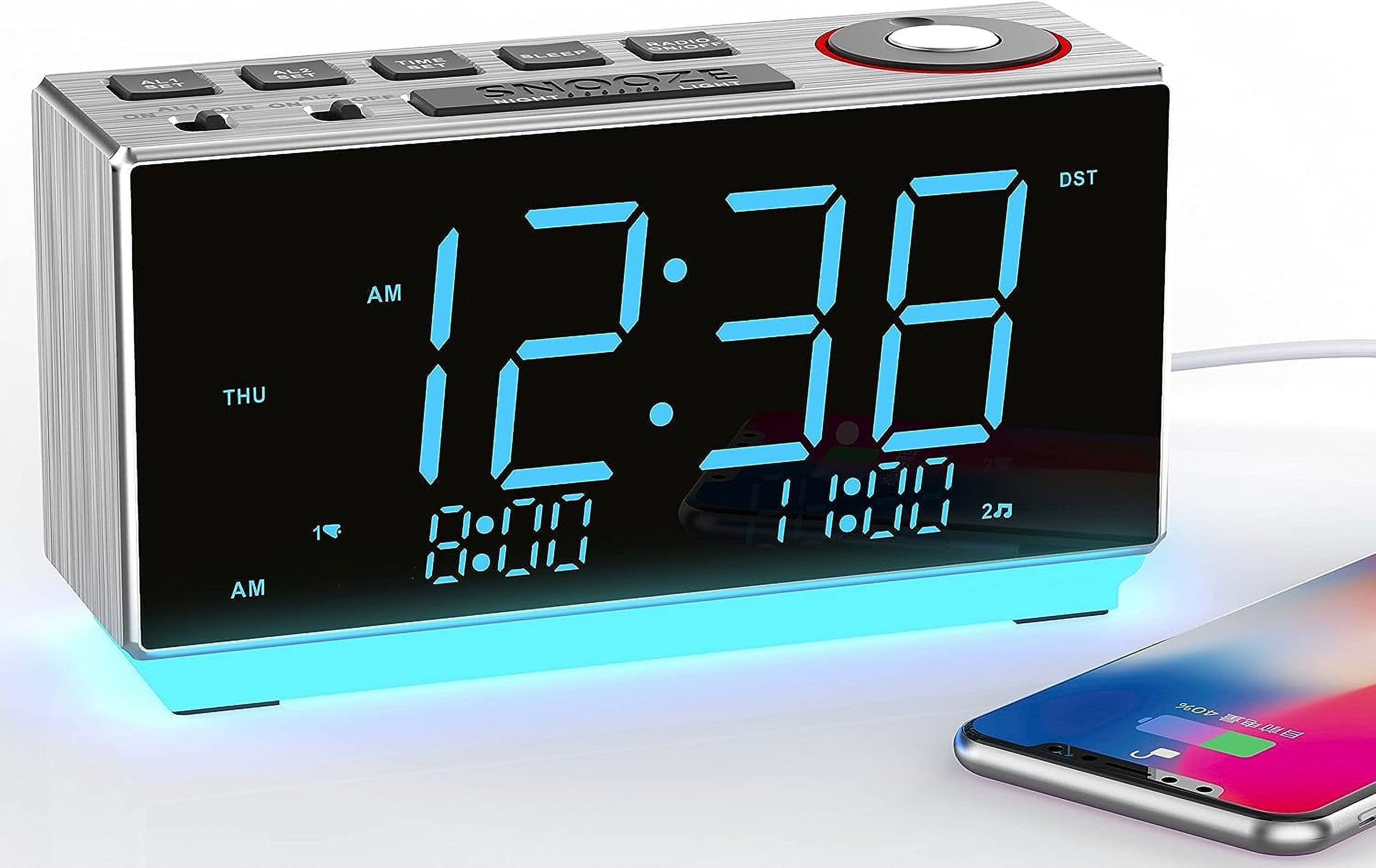 Alarm Clock with FM Radio, USB Charging, 1.8'' Ice Blue LED Display, Night Light, Dual Alarm, Snooze, Dimmer Control, Bedside Office Electronic Clock iTOMA CKS508