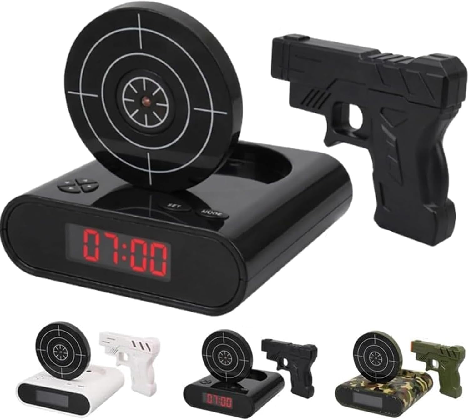 Alarm Clock with Gun, Interactive Shooting Game, Large LED Display, Custom Ringtones & 2 Alarm Modes, Fun Shot Timer Clock for Heavy Sleepers, Bedroom Home Office (#B)