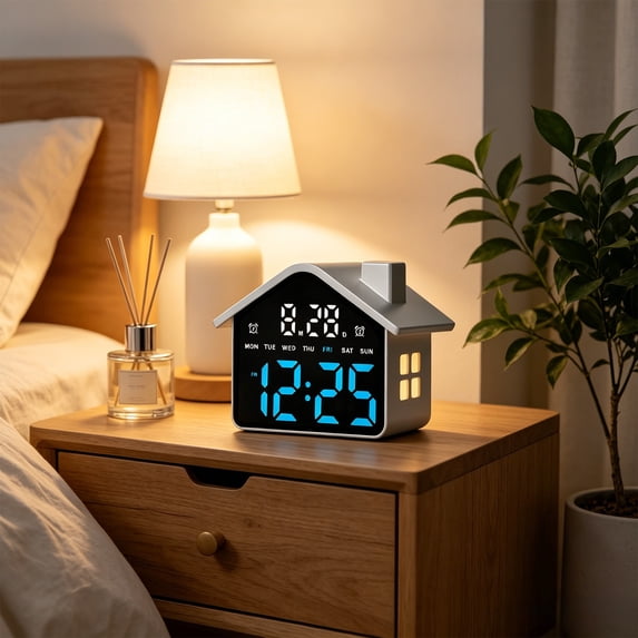 Alarm Clock House Shaped, Alarm Clocks for Bedroom LED Electronic Clock Multi Functional with Night Light, Two Alarms Snooze USB Powered