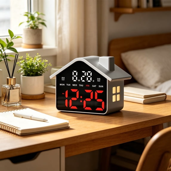 Alarm Clock House Shaped, Alarm Clocks for Bedroom LED Electronic Clock Multi Functional with Night Light, Two Alarms Snooze USB Powered