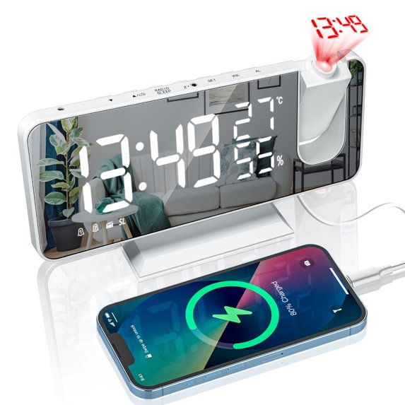 Alarm Clock - Projection Alarm Clock for Bedroom Ceiling, 7.4" Digital Radio Alarm Clock with Projector, Dual Loud Alarm Clock with USB Port, 4 Dimmer, Snooze, 180° Rotable, Plug-in, 12/24H DST