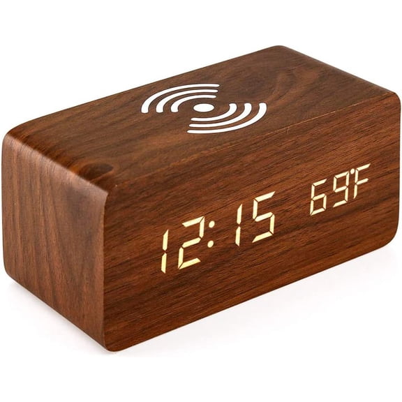 Alarm Clock with Qi Wireless Charging Pad Compatible with iPhone Samsung Wood LED Digital Clock Sound Control Function, Time Date, Temperature Display for Bedroom Office Home- Brown