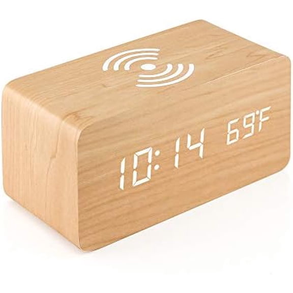 Alarm Clock with Qi Wireless Charging Pad Compatible with iPhone Samsung Wood LED Digital Clock Sound Control Function, Time Date, Temperature Display for Bedroom Office Home - Wood