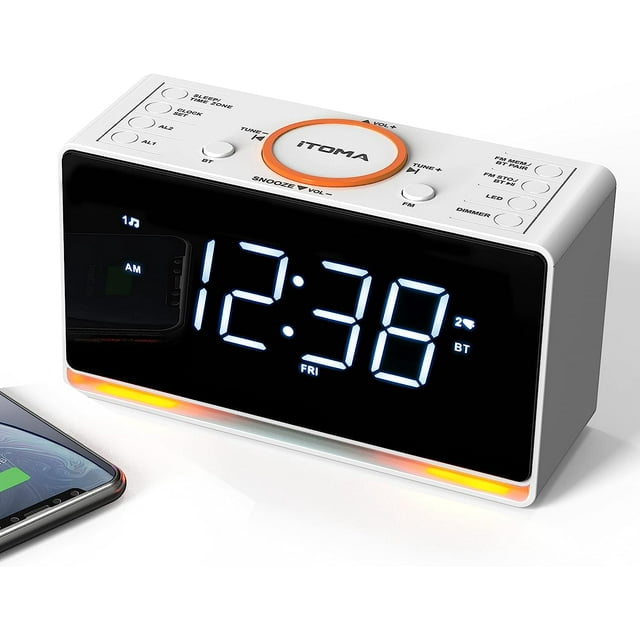 "iTOMA Alarm Clock Radio with 1.4"" LED, Bluetooth, USB, Night Light