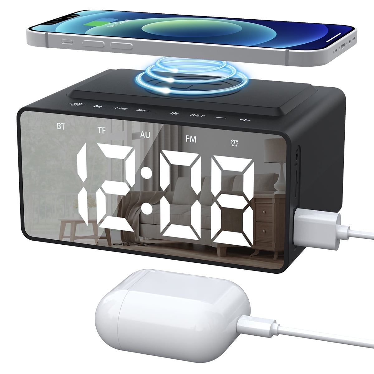 Wireless Charging Alarm Clock Radio with USB, Blue